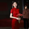 Этническая одежда винтажная женщина мандаринская воротничка Qipao Red Cheongsam китайский стиль сексуальное Spell Split Sdive Party Платье Vestidos