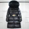 Large Real Raccoon Fur Hooded Shiny Waterproof Long Puffer Jacket Women's Winter Thick Duck Down Coat Female Parkas Belt