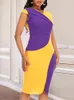 Casual Dresses Women Bodycon Dress Yellow Purple Patchwork Short Sleeve Office Lady Slim Femme Vestido Modest African Large Size Summer Fash