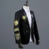 Medalha de ouro bordado blazer jaqueta masculina casual lapela duplo breasted terno preto palco baile mostrar cantor vestido militar homme 22619