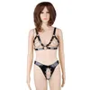 Ensembles de soutiens-gorge Lingerie Sexy pour femmes Bondage soutien-gorge et string ensemble avec chaînes en métal harnais de corps enchaîné PU cuir fétiche porter Costume