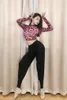 Stage Wear 2023 Camicia da ballo Donna Dancewear Red Leopard Print Maglia manica lunga senza dita Dolcevita Sexy Salsa Top latino