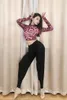 Stage Wear 2023 Dance Shirt Women Dancewear Red Leopard Print Mesh Long Sleeve Fingerless Turtleneck Sexy Salsa Latin Tops