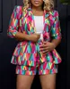 Women's Tracksuits Two Piece Set Women Outfit 2023 Summer Fashion Geometric Print Colorblock Elegant Blazer Coat & Casual Work Shorts