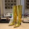 Nova marca de luxo de alta qualidade feminina de luxo de joelho alto de salto alto moda moda moda knight botas de ouro outono inverno grande botas longas em couro botas