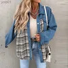 Women's Trench Coats 2023 Casual Autumn Winter Women Denim Coat Vintage Checker Printing Splice Lapel Long Sle Buttons Loose Jackets Coat TopL231113