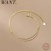 anklets wantme 925 Sterling Silver Simple Double Snake Bone Round Beads Charm Anklet for Women Fine 18K Gold Chain Bohemian Jewelry 231025