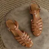 Sandalias de cuero genuino para mujer, banda estrecha, jaula trenzada, punta redonda, zapatos planos con correa en T, estilo romano, verano, informal, Shpes diarios