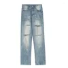 Herren-Jeans-Mann-Hosen-Bein-Schneideprozess, gerader Zylinder, einfach, vielseitig, Persönlichkeit, Trend, Hip-Hop, blaue Reise, zerrissene lange Hose