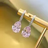 Water Drop Pink Diamond Dange Earring 100% Real 925 Sterling Silver Wedding Drop oorbellen voor vrouwen Bridal Promise Sieraden Gift