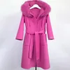 Damen Wollmischungen Winter-Kaschmirmantel Damen Echtpelzmantel Mittellange Wolljacke Kamelschwarze Oberbekleidung Fuchspelzkragen und roter Wollmantel mit Kapuze 231113