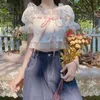 Blouses pour femmes été japonais Lolita Kawaii Blouse femmes dentelle rose France doux mignon femme manches bouffantes Style coréen haut court 2023