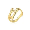 Cluster Rings Ins Vintage Real Gold-plated Two-handed Hug Ring Geometric Romantic Hand Adjustable For Women Men Fashion Jewelry Gift