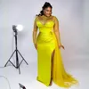 Plus Size Aso Ebi Zeemeermin Galajurken Sexy Mint Lang Kralen Tule Mouwen Afrikaanse Zwarte Meisjes Glitter Ruches Kraal Avondjurken Robe De Bal Zijsplit