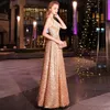 Новое элегантное золото длинное вечернее платье Сексуальное кружевное платье на полу на полу