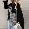 Trenchs de femmes 2023 Casual Automne Hiver Femmes Denim Manteau Vintage Checker Impression Splice Revers Long Sle Boutons Lâche Vestes Manteau TopL231113