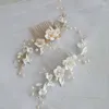 Hair Clips SLBRIDAL Handmade Alloy Leaf Opal Crystal Ceram Flower Freshwater Pearls Bridal Comb Wedding Accessories Women Jewelry