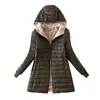 여자 자켓 플러시 안감 여성 중간 길이 코트 단색 지퍼 클로저 후드 가을 겨울 재킷 의류