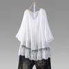 Women's Blouses Women Tops And Vintage Lace Shirts Three Quarter Button V Neck Plus Size Top Pleated Blouse White T Shirt Bohemian