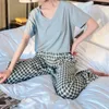 Women's Sleepwear Women Breathable Cotton 2-Piece Pajamas Check Printed Ladies Loose Loungewear Wide Leg Pajama Home Soft Set