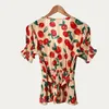 Damenblusen 2023 Frühling und Sommer Apple Print V-Ausschnitt Schlanke Taille Kurzarmhemd Damen