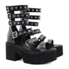 Sandały Summer Chunky Heel Gladiator Women Otwarte palce czarna Got Punk platforma zamek błyskawiczny