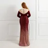 Neues elegantes durchsichtiges Velours-Abendkleid-Frauen-langärmliges Kleid-Pailletten-Partei-Kleid-Robe-Soiree-elegantes formelles Kleid