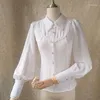 Damenblusen Gothic Chiffon Button-Down-Bluse Weiß/Schwarzes Lita-Hemd mit spitzem Kragen
