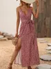 Casual Dresses Women Floral Print Long Dress Summer Sexy Backless Bandage Slit Beach Sundresses Female Elegant V Neck Sleeveless Dress Vestidos 230413