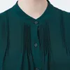 Blusas femininas de seda georgette verde gola vertical dupla camada emenda decorativa dobra única linha multi-botão longo camiseta be711
