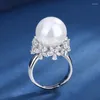 Cluster Rings Eyer Precious Resizable Cubic Zirconia Big Pearl Charms Flower For Women Luxury Retro Bridal Wedding Finger Jewelry