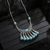 Pendant Necklaces Boho Vintage Blue Turquoises Tassel Statement For Women Ethnic Silver Color Carved Stone Collar Necklace Jewelry