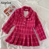 Two Piece Dress Neploe Notched Collar Plaid Skirt Suit Women Super Short Jacket Tops High Waist Aline Pleated Mini Skirts Female Twopiece 230413