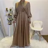 Ethnic Clothing Eid Wrap Front Satin Dress Muslim Women V Neck Long Shirt Sleeve Maxi With Pockets Summer Solid Color Turkey Modesty