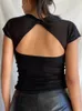 Damska koszulka kryptograficzna kwadratowa kołnierz Summer Sexy Backless Tops dla kobiet przycięte z krótkim rękawem eleganckie top koszulki chude ubrania streetwearne 230413