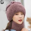 Chapéus cachecóis conjuntos 2023 feminino inverno quente real rex coelho pele chapéu de neve c chapéus para mulheres meninas pele real malha crânios gorros natural fofo hatl231113