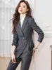 Kvinnors tvåbitar byxor Blue Grey Black Striped Women Pantar Formal Office Ladies Work Wear Blazer Jacket och byxor Kvinnliga företag 2