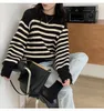 Pulls pour femmes Noir Blanc Rayé Femmes Tricoté Pull Pull Pull Femme Automne Hiver Lâche Épais Court Paresseux Style Tricot Chaud