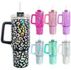 Vasos de viaje de leopardo con estampado holográfico de acero inoxidable de 40 oz con tapas y pajitas Tazas aisladas por mar A0103