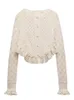 Women's Knits Tees Fashion White Lace Ruffle Sweater For Women Spring Hollow Out Knitting Single Breasted Female Long Sleeve Chic Tops 230413