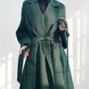 Женское полушерстяное пальто 2023, новое двустороннее кашемировое пальто, женское длинное ниже колена, высококачественное шерстяное пальто с волнистостью воды, осень-зима, свободная верхняя одежда на шнуровке J231113