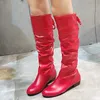 ブーツcomemore women knees high boots high boots leather women black red long boot woman pleated low heelレザーカジュアル秋の冬の弓靴aa230412