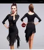 Stage Wear Adult Latin Dance Dress Black Fringe Dresses Short Sleeve Sexy Gauze Performance Training Samba Salsa Practice