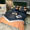 寝具セットプレミアムブルーオレンジスプライシング刺繍60Sシルクコットンセット羽毛布団カバーベッドリネンフィットシート枕カバー
