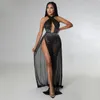 Vestidos casuais Crystal Sexy Bodycon Party Club Dress 2023 Autumn Winter Womens Roupas Meshes de malha Perspectiva escaldada Mulheres maxi divididas