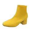 Stövlar Stretch Sock Boots For Women Square Heel Yellow Knitting Shoes Elastic Cottton Lady Footwear 231113