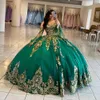 Green Bling Bling Quinceanera Dresses 2023 مع الأكمام القابلة للإزالة Vestido de 15 Anos Sweet 16 Dirt Birthdy Party Dress