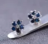 Stud Earrings Natural Dark Blue Sapphire Gem Gemstone Flowers Plum Blossom S925 Silver Women Party Gift Jewelry