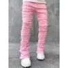 Men's Jeans Men's Skinny Jeans Fringe Hip-hop Raw Edge Elastic Patch Punk Rock Long Tight Fit Stacked Jeans Denim Pants Blue Pink Streetwear 231113