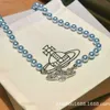 Designer Viviene Westwoods Empress Dowager XIS Saturno Necktace Temperament Temperament Blue Pearl Collar Chain intarsia